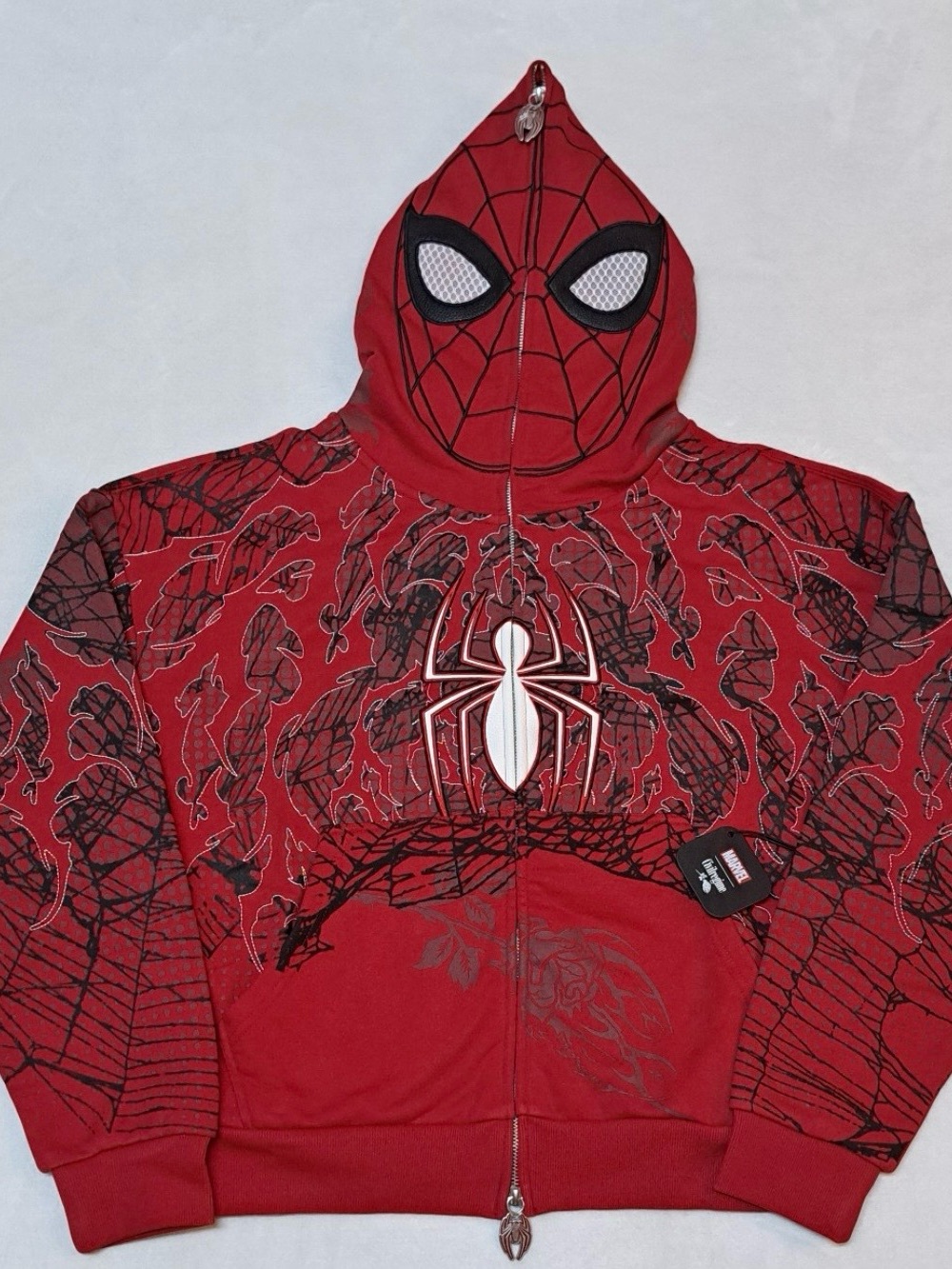 Red Spider-Themed Zip-Up Hoodie with Masked Hood